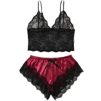 Sexy Womens Lace Sleepwear Lace Nachtkleding Lingerie Sleeveless V-Neck Babydoll Pajamas Set Lingerie Tops Shorts Set Nightwear
