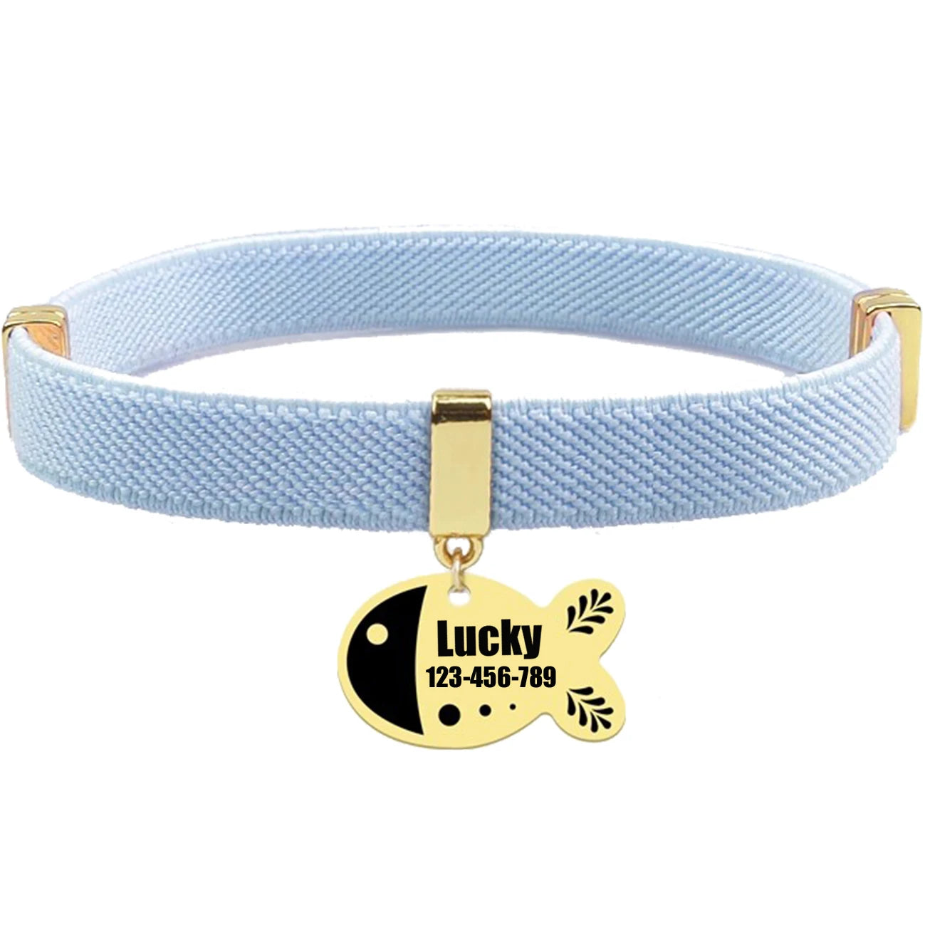 Free Customized Cat Collar Cute Fish Metal Necklace Pet ID Name Tag Personalized GPS Tracker Kitten Dog Breakaway Elastic Collar