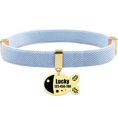 Free Customized Cat Collar Cute Fish Metal Necklace Pet ID Name Tag Personalized GPS Tracker Kitten Dog Breakaway Elastic Collar