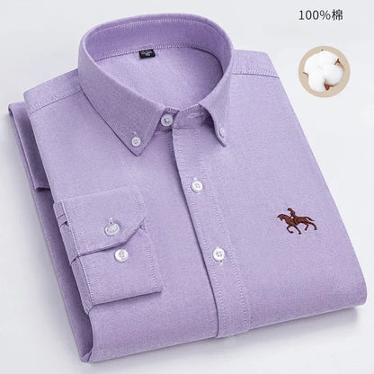 100% Pure Cotton Men's Long Sleeve Shirt Business Casual Solid Color Embroidered Oxford Spun Shirt