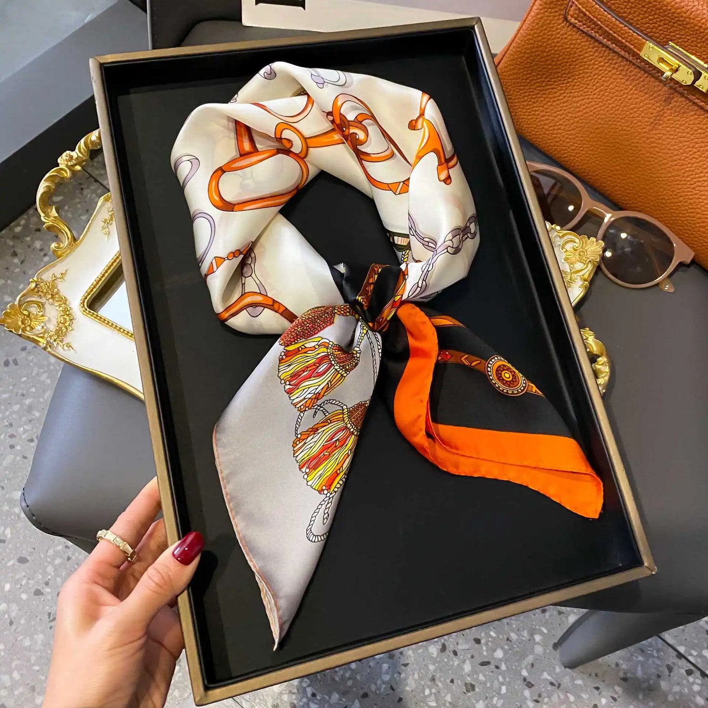 Luxury Silk Scarf - Chain Print Thin Neck Scarf for Women 70x70cm