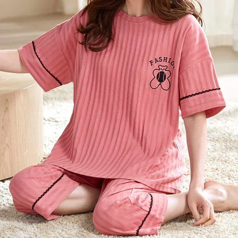 Summer Capris Pajamas for Women Plus Size 5XL Woman Causal Pajama Sets Cartoon Lapel Pijamas Cute Girl Soft Cotton Sleepwear