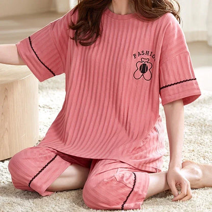 Summer Capris Pajamas for Women Plus Size 5XL Woman Causal Pajama Sets Cartoon Lapel Pijamas Cute Girl Soft Cotton Sleepwear