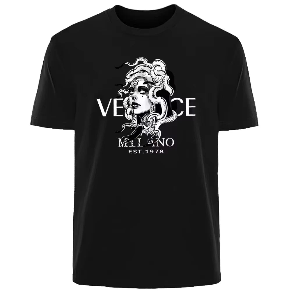 Luxury Summer T-Shirt - Men's Breathable Cotton Knit Medusa Print Tee for Daily Commuting