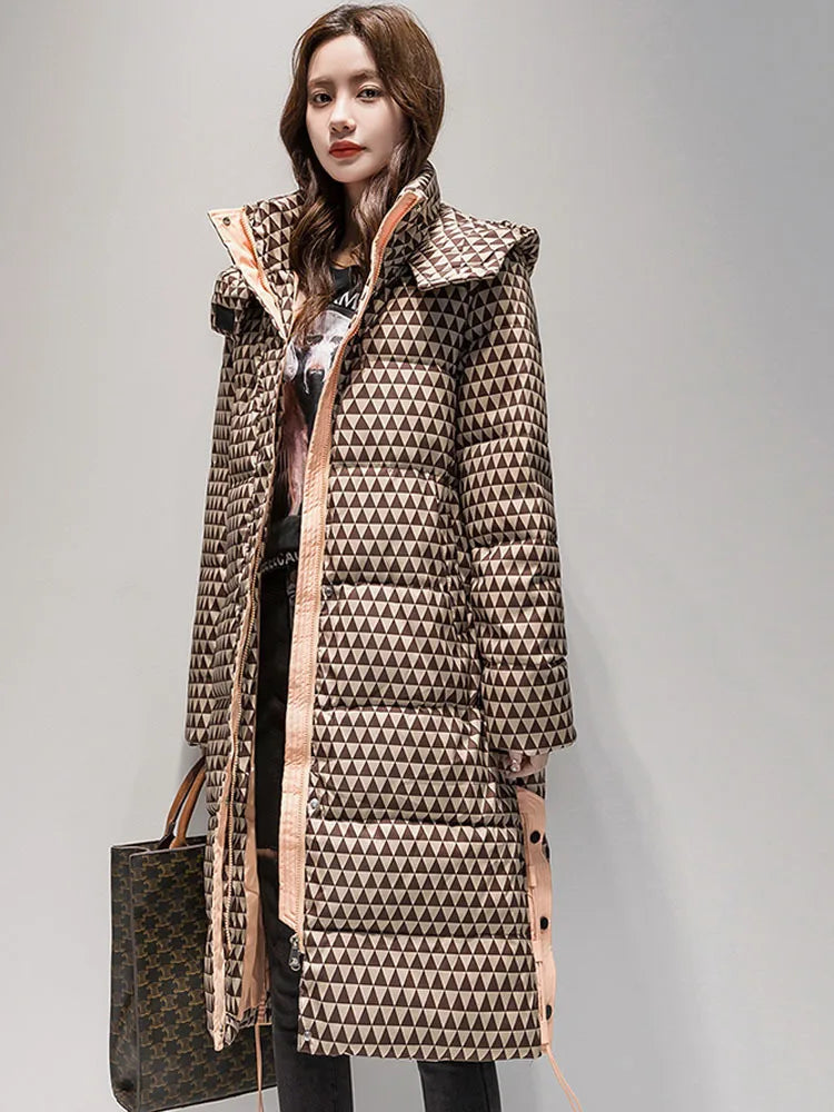 2023 Winter Warm  Plaid Long  Coat Women ' s Fashion Thicken Hooded Puffer Jacket Female Windproof Warm Outwear