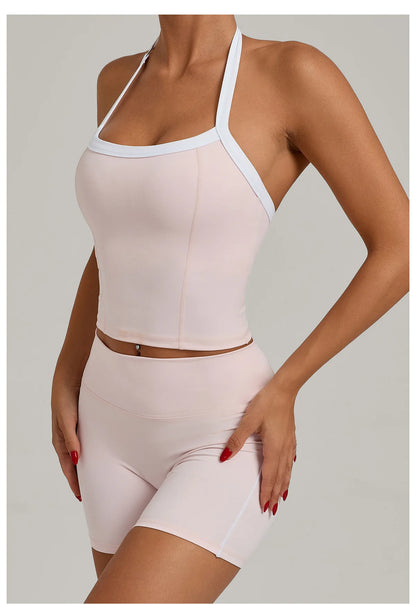 Fashion Patchwork Skinny Shorts Set Gym Women Workout Clothing Summer Sleeveless Backless Fitness Sport Suit Women Sportwear Red