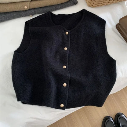 Crew Neck Women's Korean Solid Button Short Sleeve Cardigan Coats Sweater Knitted Sleeveless Ladies Elegant Tanks Bottoming