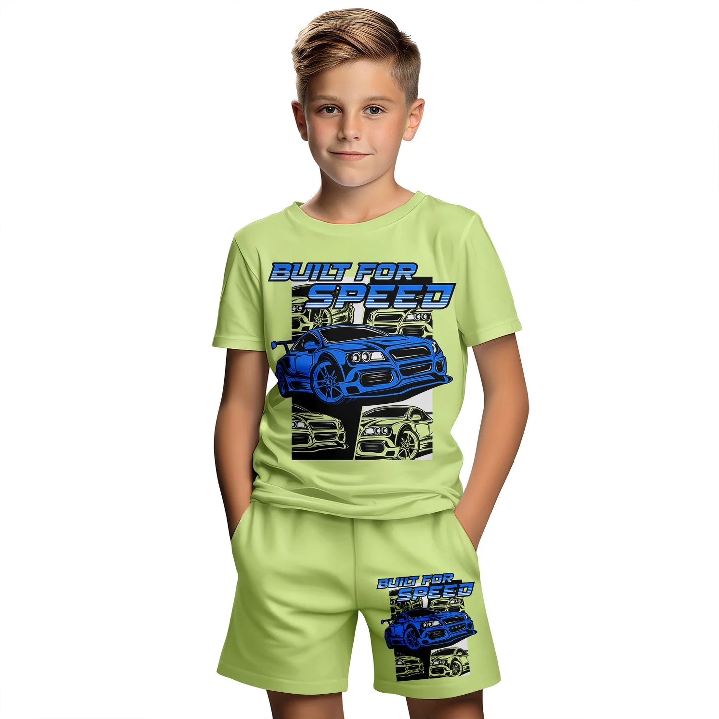 2024 New Car Summer Short Sleeve T-Shirt Suit Shorts Children Toddler Infant Clothing 3D Cartoon Print Fashion Boys Girls