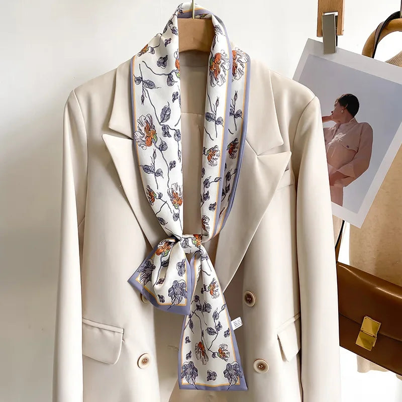 Floral Silk Scarf - Long Ribbon Neck Tie  Headband for Women