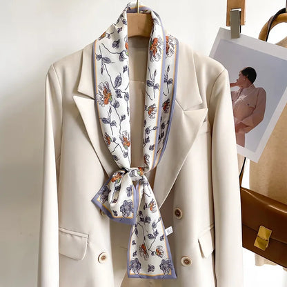 Floral Silk Scarf - Long Ribbon Neck Tie  Headband for Women