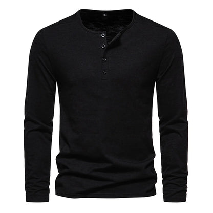 Men Long Sleeved T-shirt Cotton Slim Fit Bottoming Shirt Fitness Tops Tees Button Neck Casual Cozy Tshirt