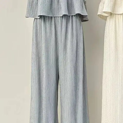 Faionable round Ne Svel Top High Waist Straight Leg Pants Women's Summer New Sle Korean Version Two-Piece Set