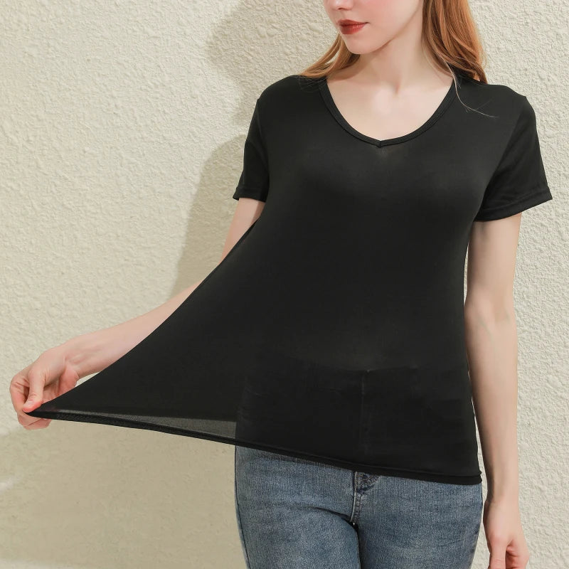 Women's Cotton V-Neck T-Shirt – Slim-Fit Solid Tee (Black/White)