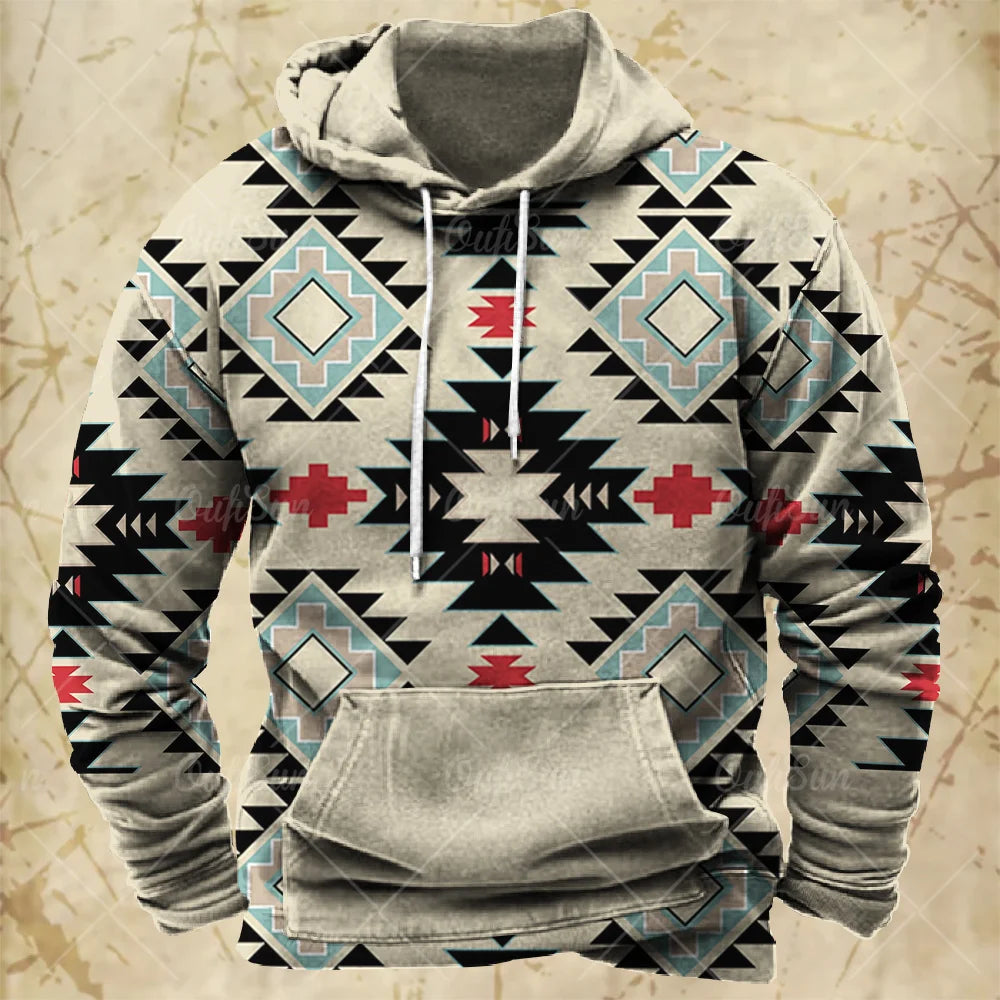Men Hooded Vintage Print  Sweatshirt Ethnic Style Hoodie Autumn and Winter Oversized Casual Men's Clothing Daily Street Pullover