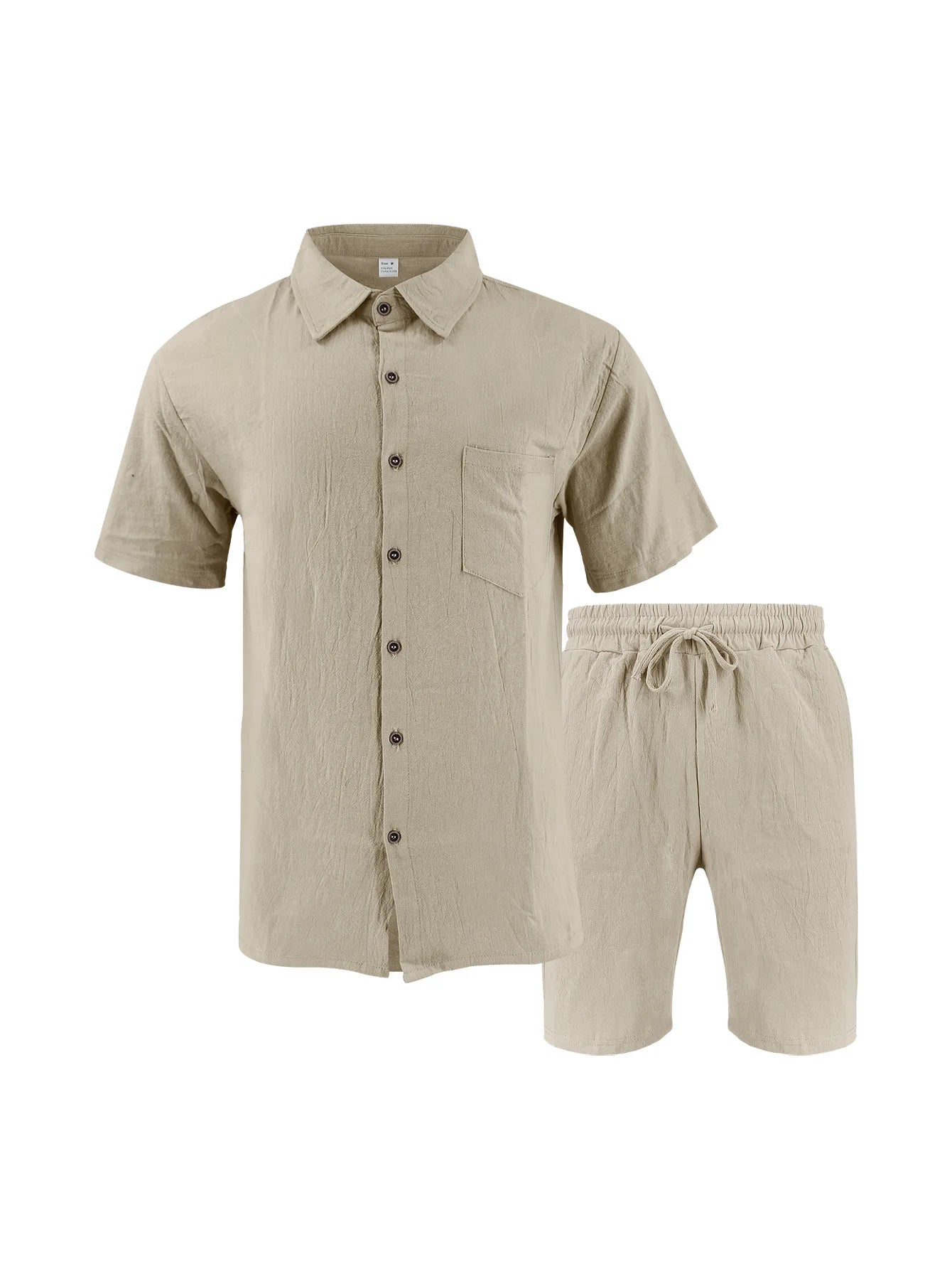 Summer Men's Solid-Color Linen Beach Suit, Lapel Button Short-Sleeved Shirt Paired With Drawstring Shorts, Casual 2-Piece Set