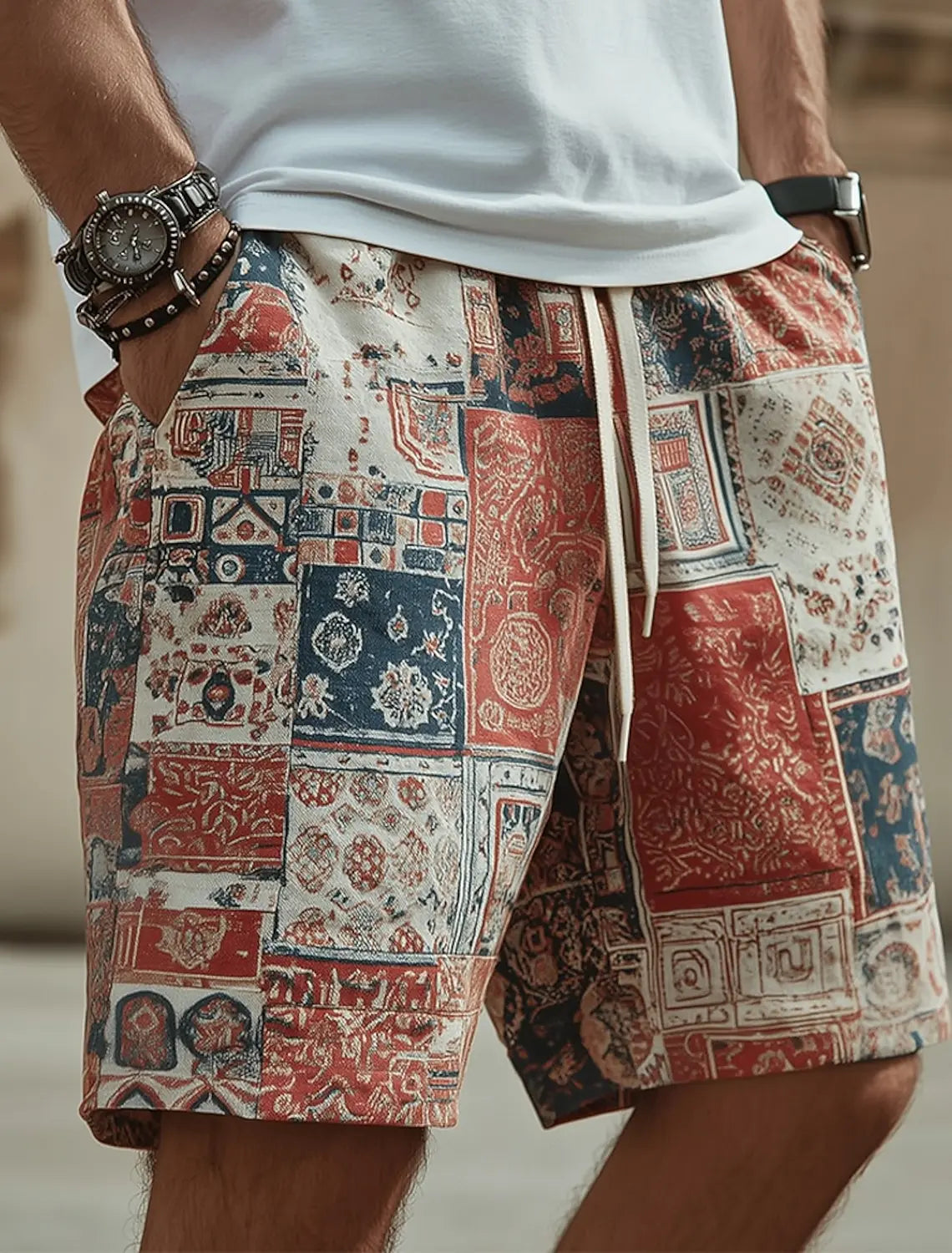 Men's Boho Color Block Patchwork Casual Shorts, Retro Ethnic 3D Print Elastic Drawstring Waist Shorts, Spring Summer Beach