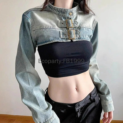 Women Fashion Denim Jacket Y2K Aesthetic Vintage Sexy Crop Tops Coat Japanese Harajuku Streetwear Female Spring Summer Outerwear