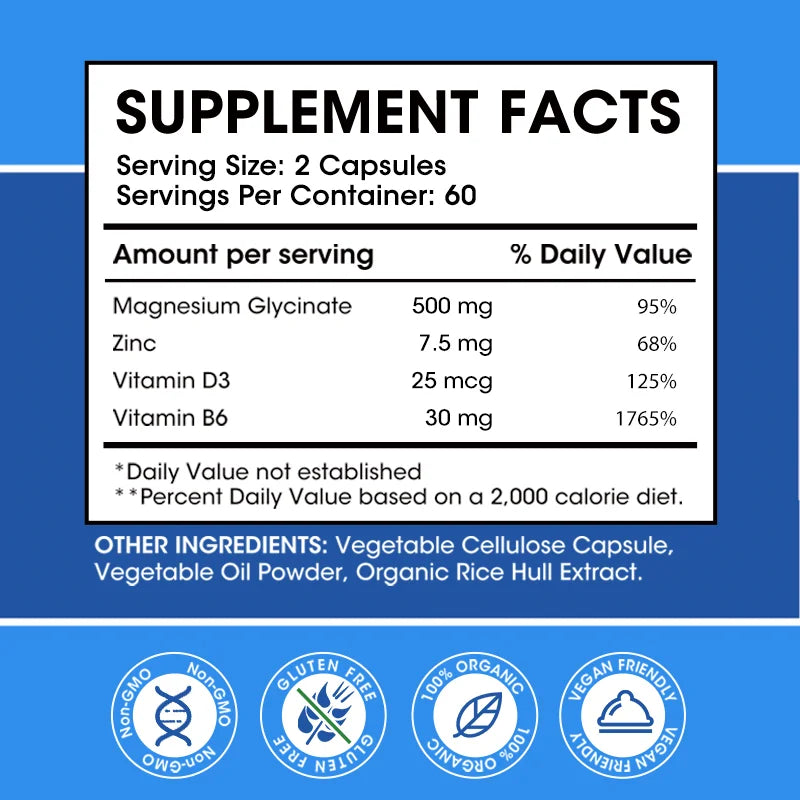 Magnesium Glycinate 500mg Capsules High Absorption with Zinc,Vitamin D3 B6 Support Dietery Supplement Stress & Anxiety Relief