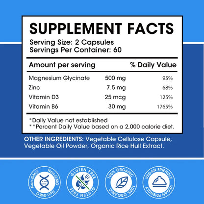 Magnesium Glycinate 500mg Capsules High Absorption with Zinc,Vitamin D3 B6 Support Dietery Supplement Stress & Anxiety Relief