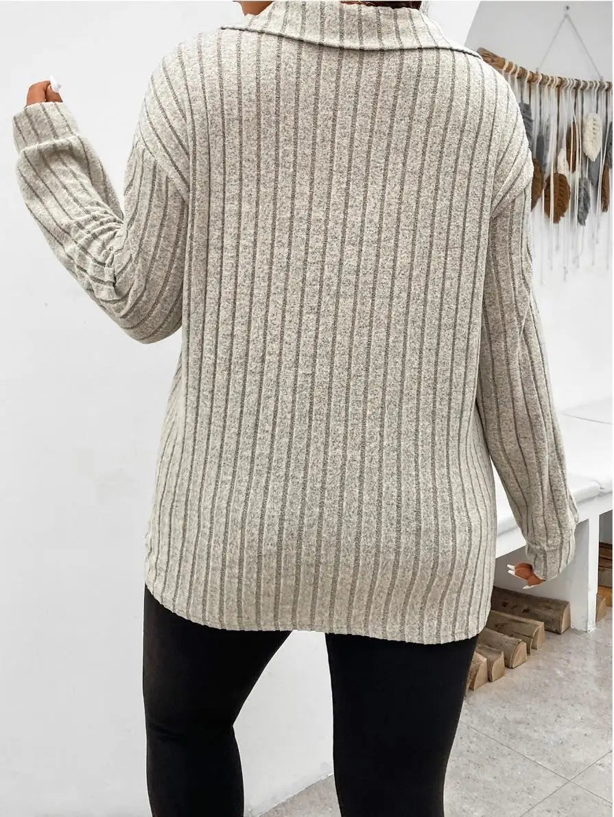 Plus Size Tshirt - Women's Casual Ribbed Knit Long Sleeve Polo Collar Tee