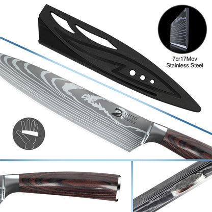 Damascus Steel Kitchen Knife Set - 8-Piece Chef Utility Paring Boning Cleaver Santoku with Nylon Bag