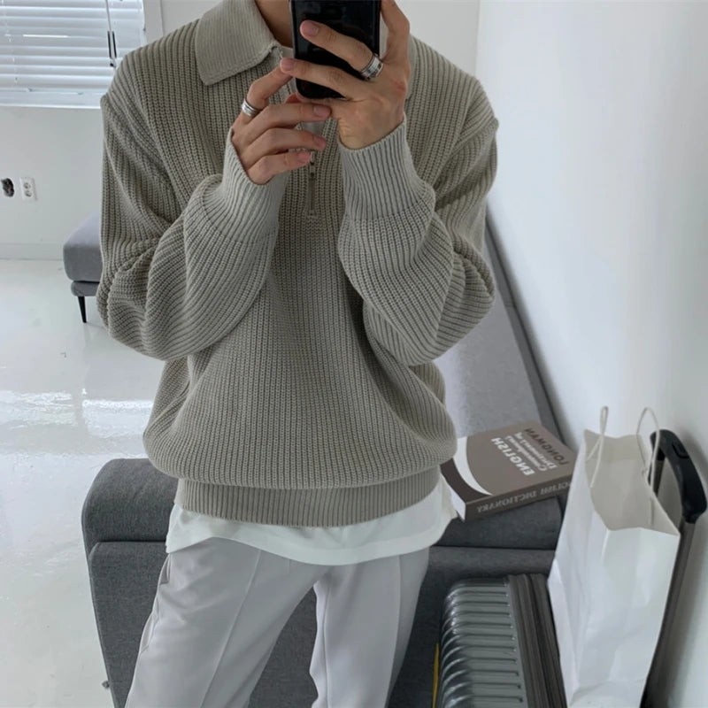 Winter Lapel Sweater Men Warm Fashion Casual Knit Pullover Men Korean Loose Zipper Long Sleeve Sweater Mens Jumper Clothes