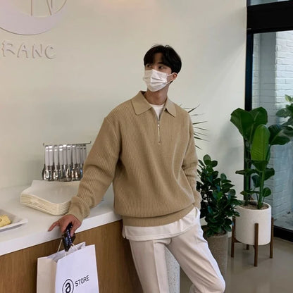 Winter Lapel Sweater Men Warm Fashion Casual Knit Pullover Men Korean Loose Zipper Long Sleeve Sweater Mens Jumper Clothes