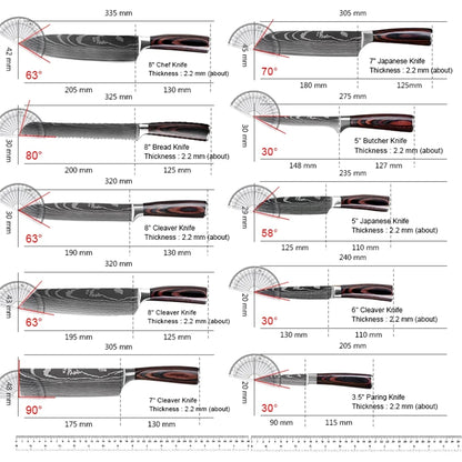 Damascus Steel Kitchen Knife Set - 8-Piece Chef Utility Paring Boning Cleaver Santoku with Nylon Bag