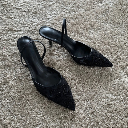 2026 String Bead Mesh Embroider Slingback High Heels Women Sexy Pointed Toe Heeled Sandals Summer Elegant Luxury Designer Shoes