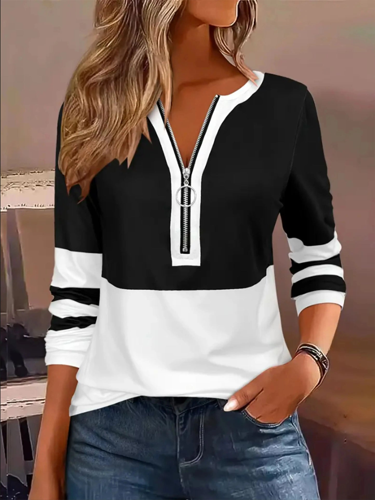Plus Size Long Sleeve T-Shirt – Loose Fit Striped Top with Color Block Zipper