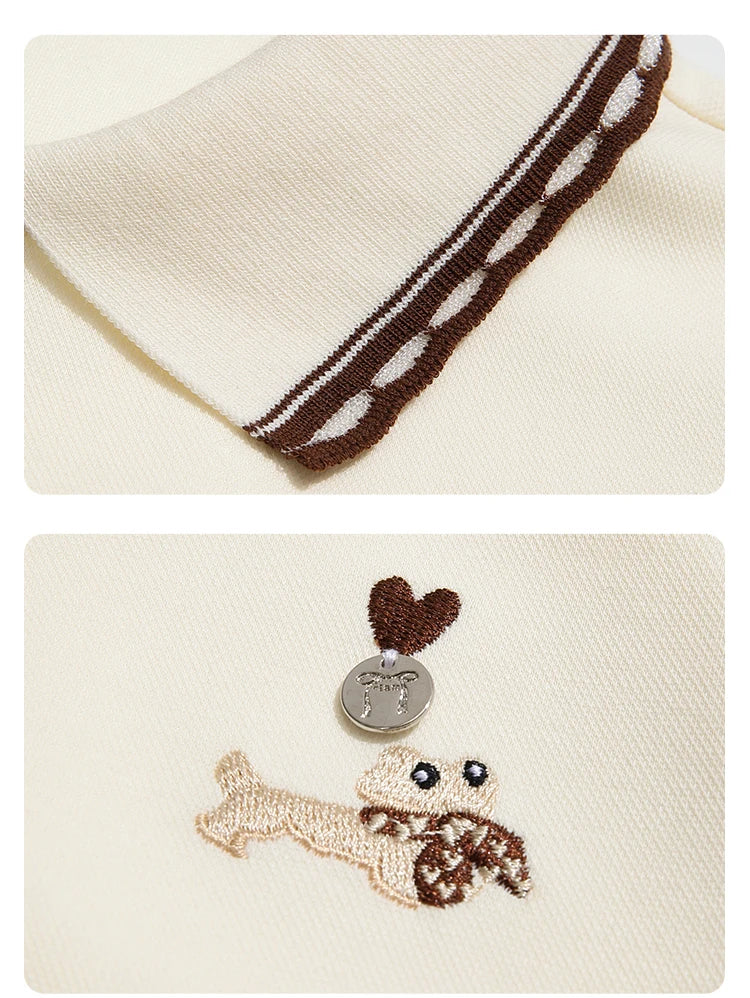 Polo Neck T-shirt - Long Sleeve Apricot Top With Embroidery Detail | Casual Women Shirt