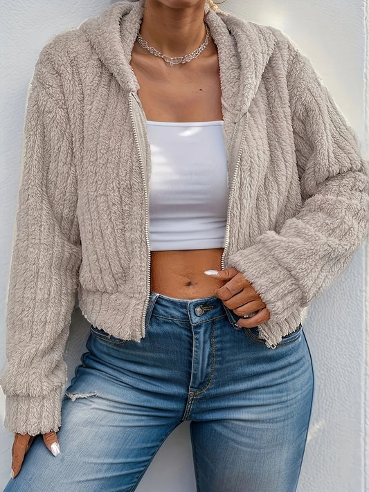 Faux Fur Hooded Jacket – Women's Winter Coat | Cozy Zip-Up Polyester Short Coat