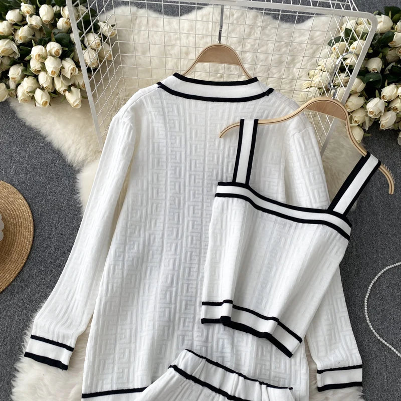SINGREINY Autumn Knitwear 3PC Sets Long Sleeves Cardigan+Single Breasted Spaghetti Strap+High Waist Elastic Shorts Casual Suits