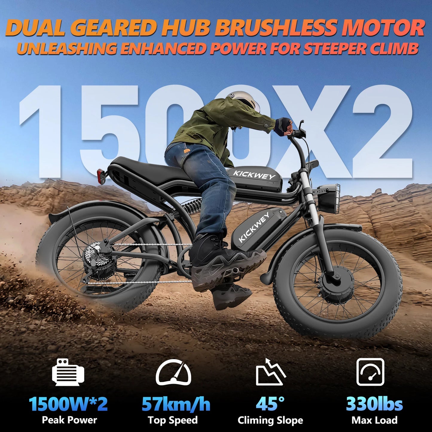 KICKWEY K7 Electric Bike, 3000W Off-Road Electric Bicycle, Full Suspension E-Bike, 20" Fat Tire All-Terrain Electric Dirt Bike