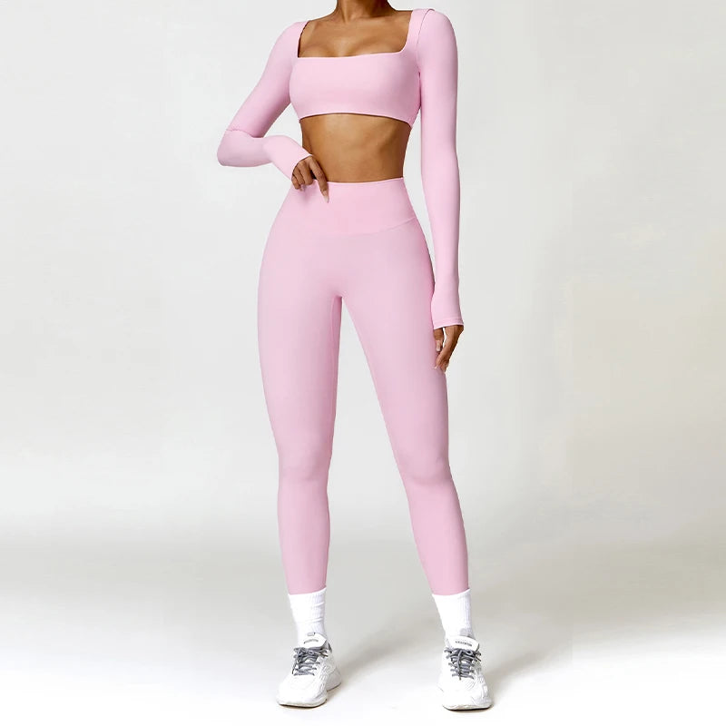 Women Yoga Suit - Quick Dry Gym Tracksuit With Long Sleeve Top & High Waist Leggings