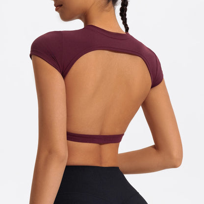 Women Crop Top - Backless Sports Crop Tee With High Compressive Waistband