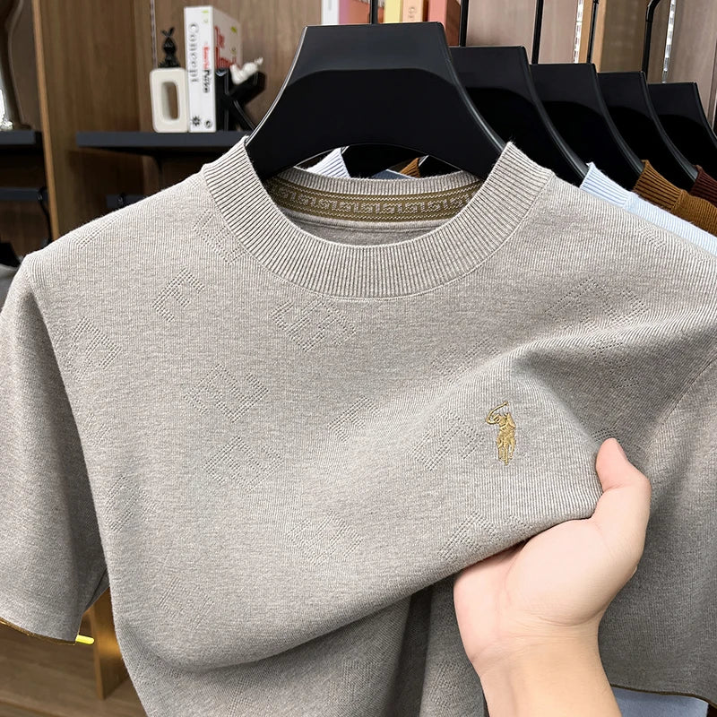 High-end Men's Crew Neck Knitted Sweater Casual Embroidered Trendy Base Shirt Short-sleeve T-shirt Solid Color Top for Summer