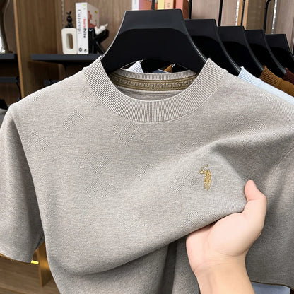 High-end Men's Crew Neck Knitted Sweater Casual Embroidered Trendy Base Shirt Short-sleeve T-shirt Solid Color Top for Summer