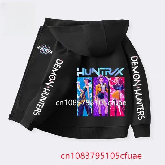 Kpop Demon Hunters Hoodie - Kids Cartoon Hoodie, Black Zipper Hoody, Casual Polyester Pullover - ZOOMNSTORE