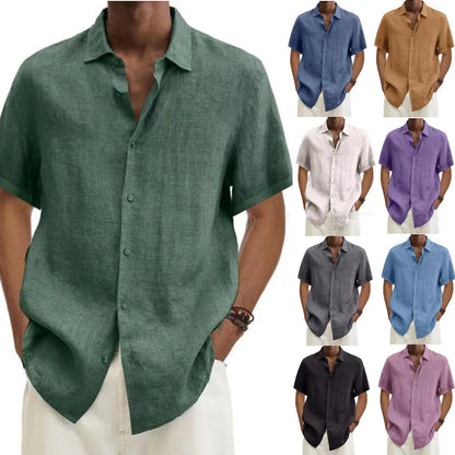 Men's Short Sleeve Linen Blend Shirt Casual Button Down Collar Lightweight Breathable Top