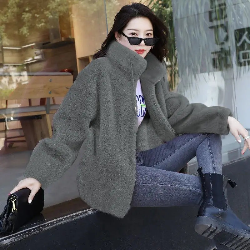 Women Winter Coat - Coral Fleece Jacket With Plush Stand Collar & Zipper Closure