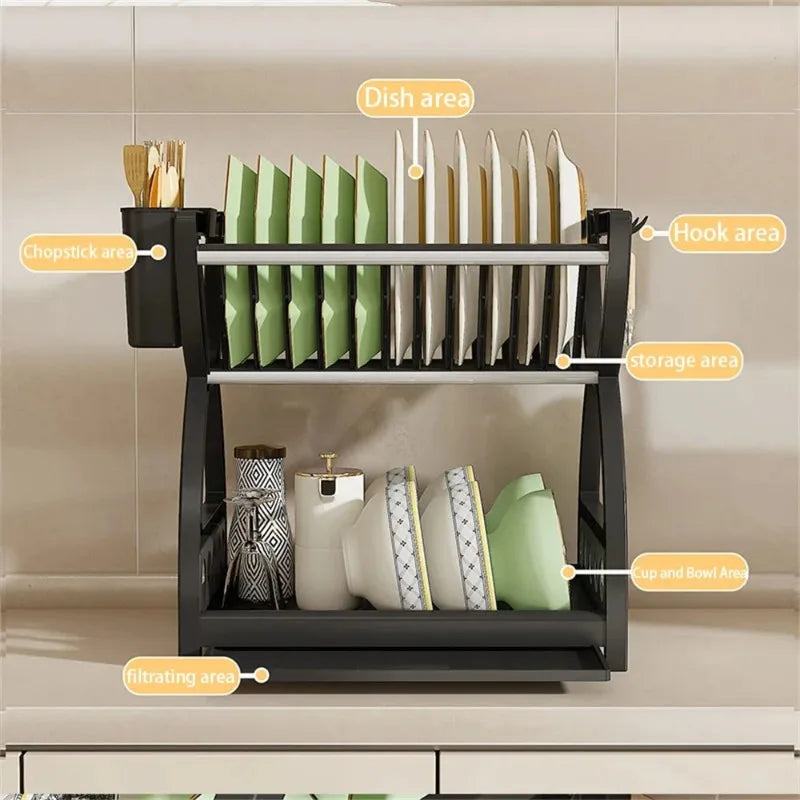 2-Tier Dish Drying Rack Kitchen Countertop Drainer Shelf Large Capacity Bowl Plate Organizer Space Saver with Utensil Holder