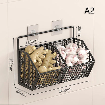 Wall Mounted Storage Rack - Multi Compartment Kitchen Shelf for Onion, Ginger & Garlic Organizer