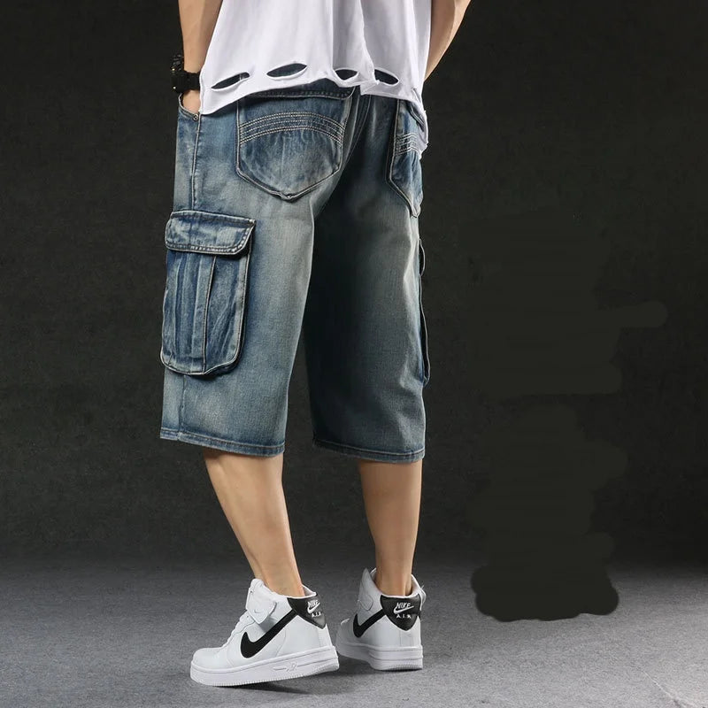 Baggy Denim Shorts - Plus Size Men's Cargo Jeans With Bleach Stone Wash