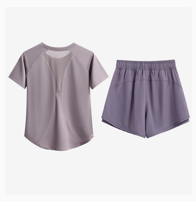 DRUR 2pcs Gym Set Women Summer Sportswear Outfit 2 Piece Short Sleeve Sports Shirt Shorts Sets Jogging Suit Female Tracksuit New