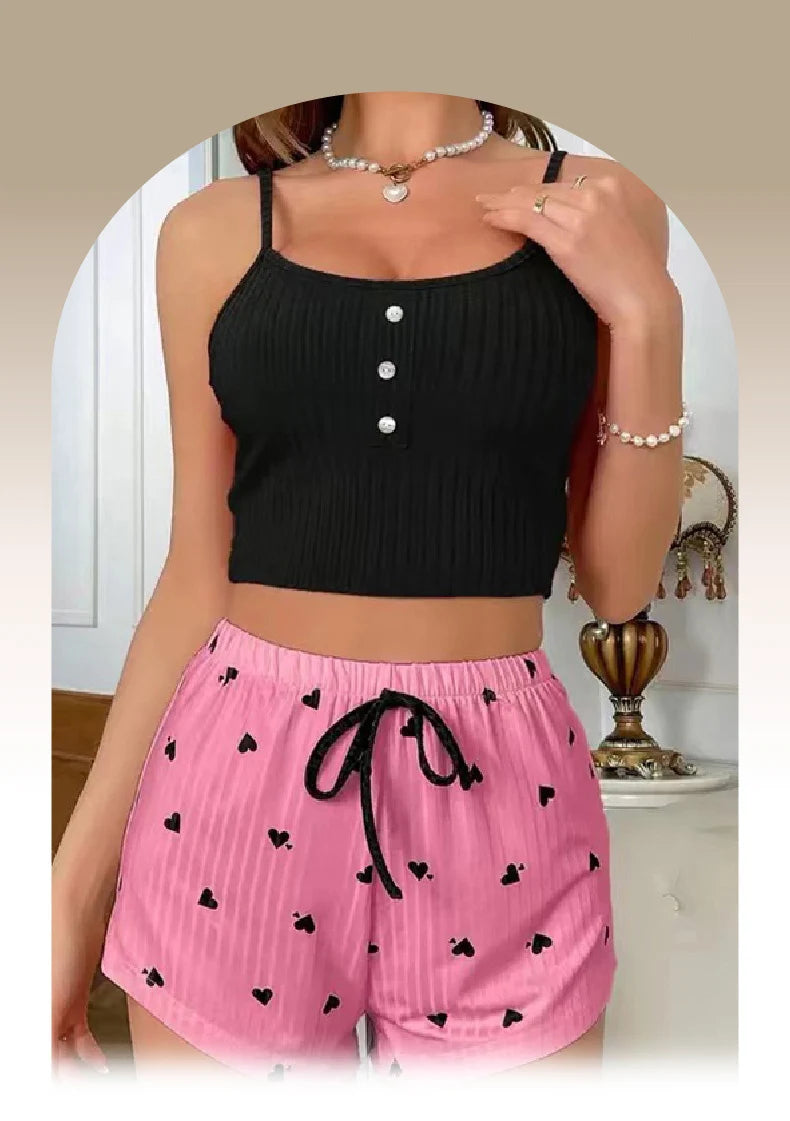  New Ribbed Blue Pajama Set Women's Heart Print Cami Top and Shorts Soft Comfortable Loungewear Cute Trendy Fashion Hot Sale