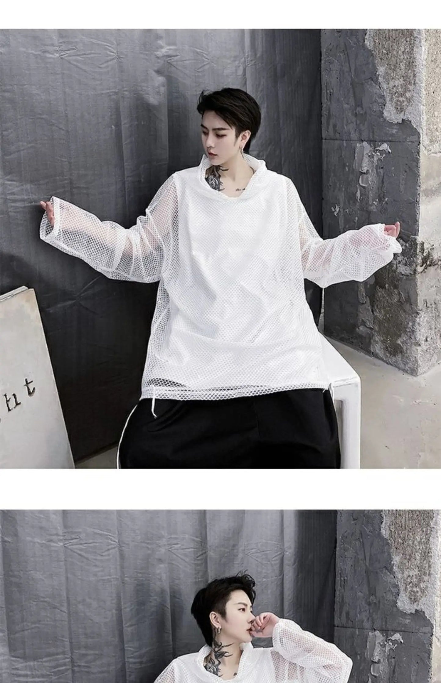 2024 Summer Dark Hollowed Out Mesh Hoodies T-shirt For Men Women Long Sleeves Loose Hooded Mesh Transparent Shirts
