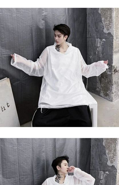 2024 Summer Dark Hollowed Out Mesh Hoodies T-shirt For Men Women Long Sleeves Loose Hooded Mesh Transparent Shirts
