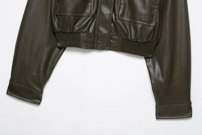 Faux Leather Jackets - Women's Casual Zipper Outerwear Coats With Turtleneck Collar