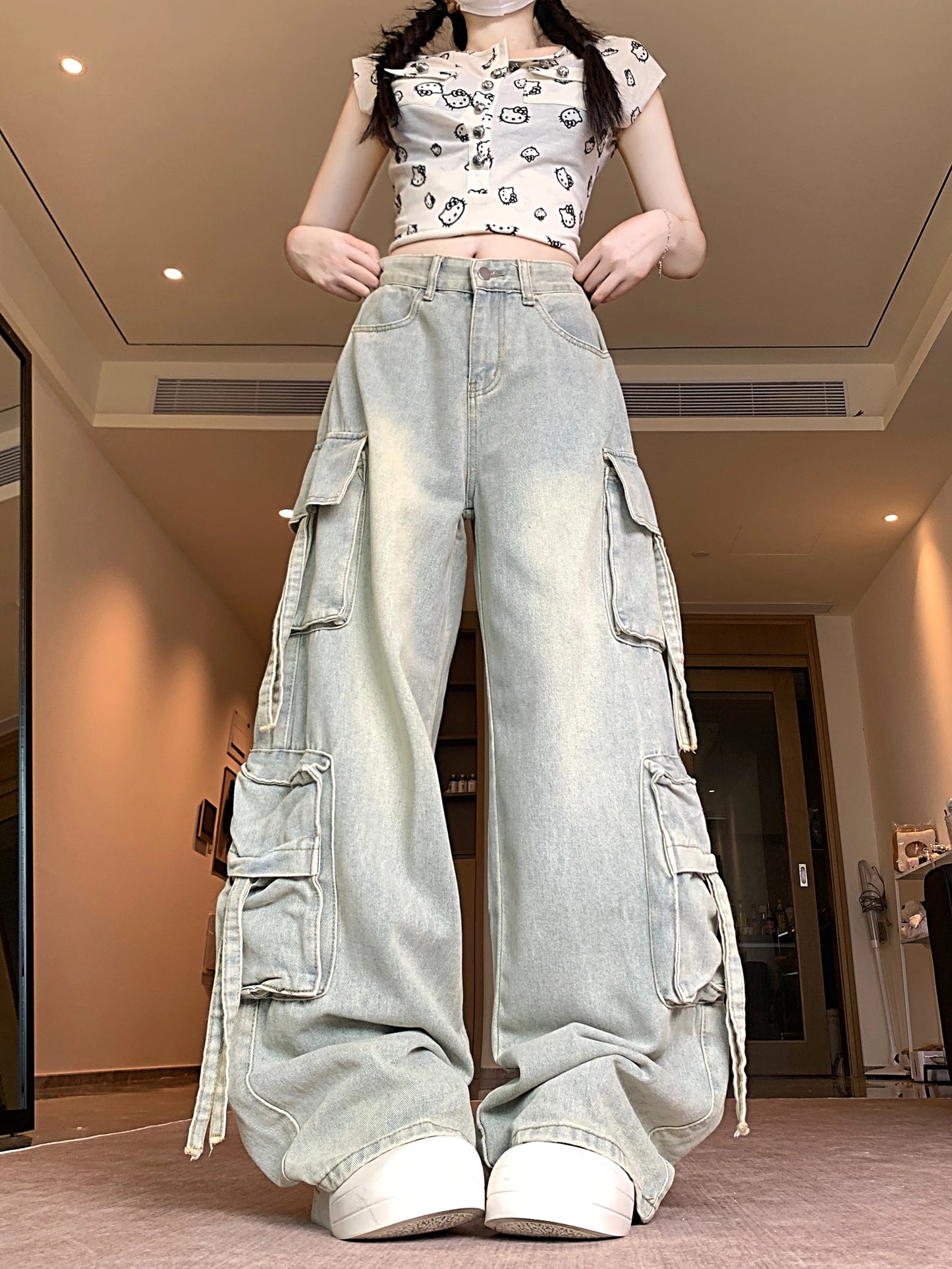 Women's Blue Multi Pocket Cowboy Pants Cargo Y2K Japanese Harajuku Streetwear Aesthetics Retro 90S Jeans Pants Clothing 2025 New